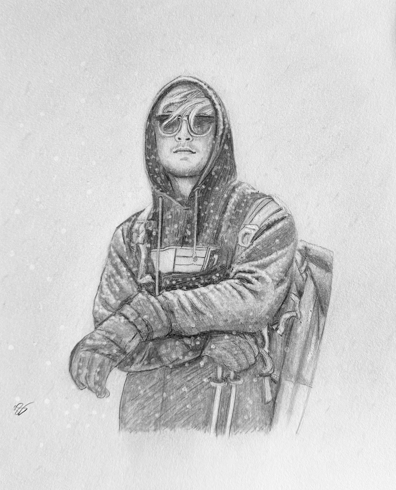 Brennan in the snow — hooded figure with sunglasses